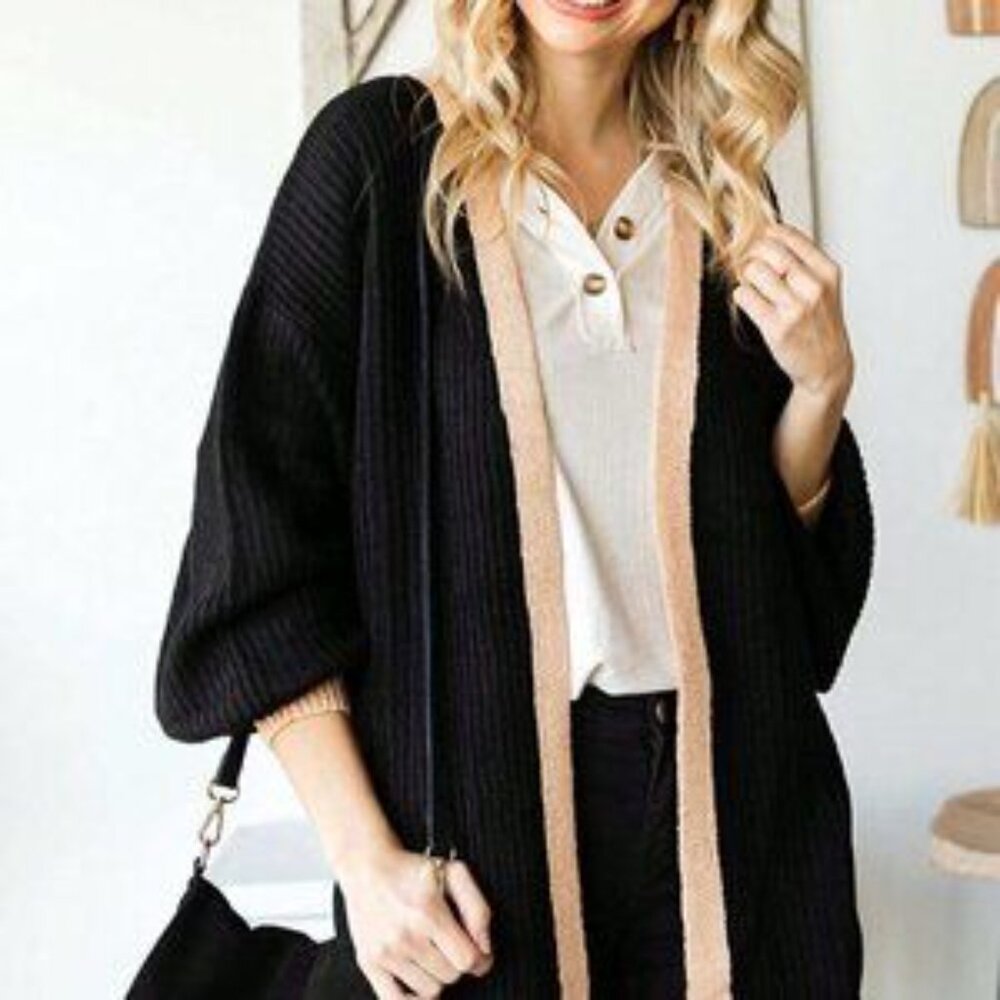 Black Casual Womens Contrast Trim Drop Shoulder Open Front Cardigan - Picture 5 of 5
